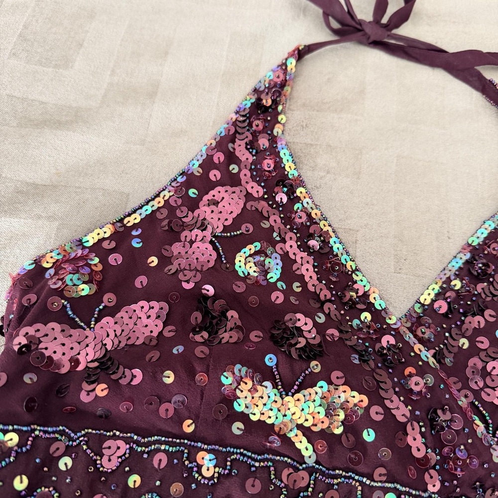 VTG Y2K Bebe Sequin Butterfly Tank Top S Purple Halter Chiffon Party Cami Beaded - Picture 5 of 12